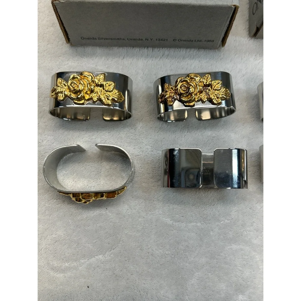 Oneida Golden Damask Rose Napkin Rings 8pcs Silver Gold 18/8 Stainless Steel NOS